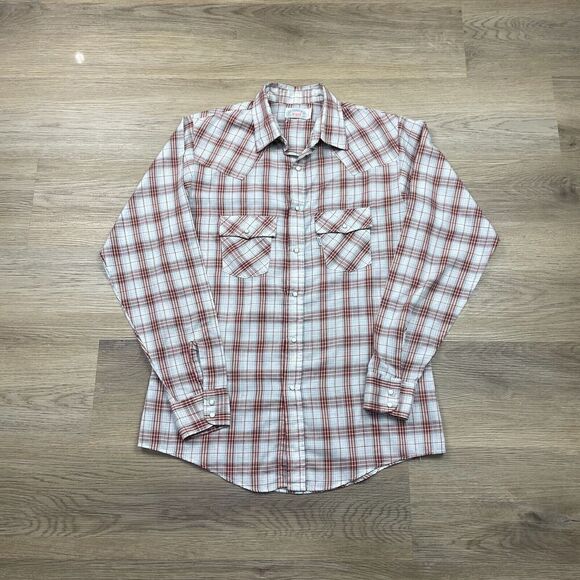 Vintage Levis Shirt Mens Medium Red Pearl Snap Cowboy Western Plaid 80s - Picture 1 of 11